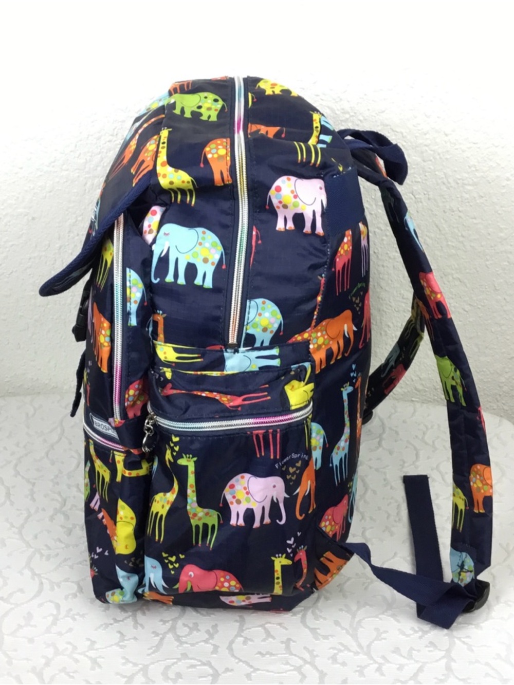 Colorful Giraffe & Elephant Print Navy Backpack - Picture 3 of 9